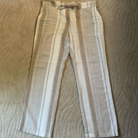 Per Se Linen Blend Tan and White Striped Pants - Picture 1 of 7
